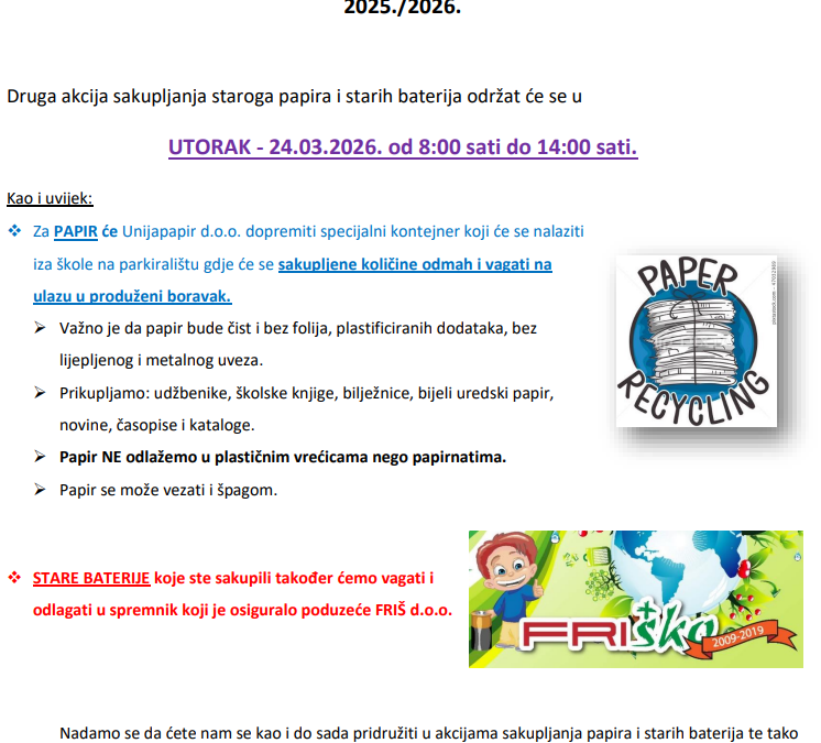 II. AKCIJA SAKUPLJANJA STAROGA PAPIRA I STARIH BATERIJA u šk. god.2025./2026.