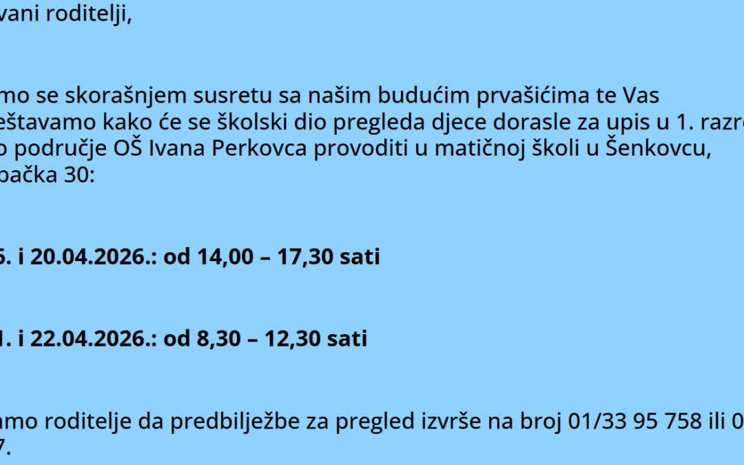 Pregledi za 1. razred – obavijest roditeljima