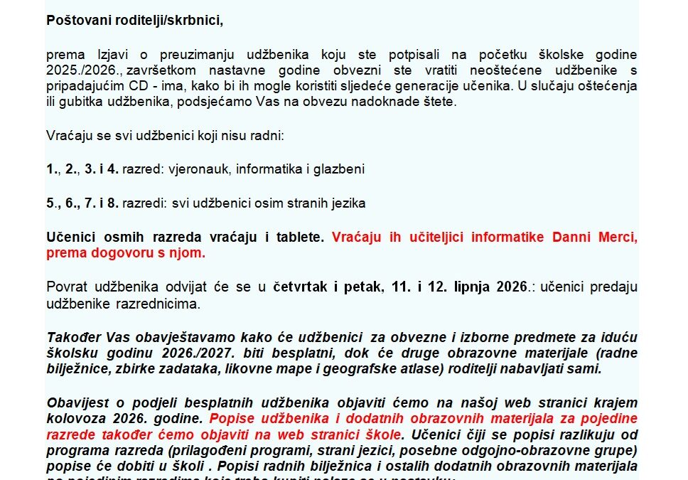 O B A V I J E S T  Poštovani roditelji/skrbnici,